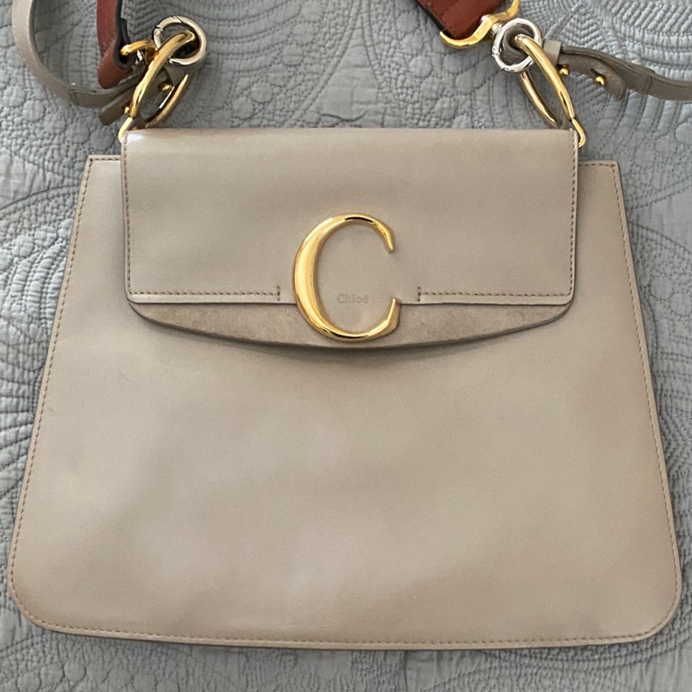 Chloe C Taupe Leather Shoulder Bag with Gold Accent